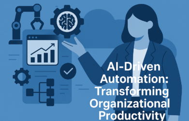 Illustration of AI-driven automation transforming organizational productivity, depicting interconnected industries like finance, healthcare, manufacturing, and education through smart workflows and digital integration.