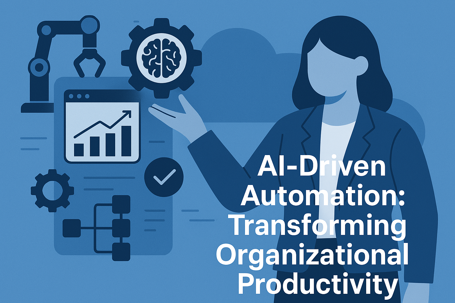 Illustration of AI-driven automation transforming organizational productivity, depicting interconnected industries like finance, healthcare, manufacturing, and education through smart workflows and digital integration.