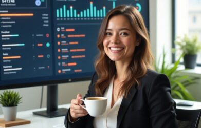 Business owner relaxing as tasks like invoices and bookings run automatically on screen.
