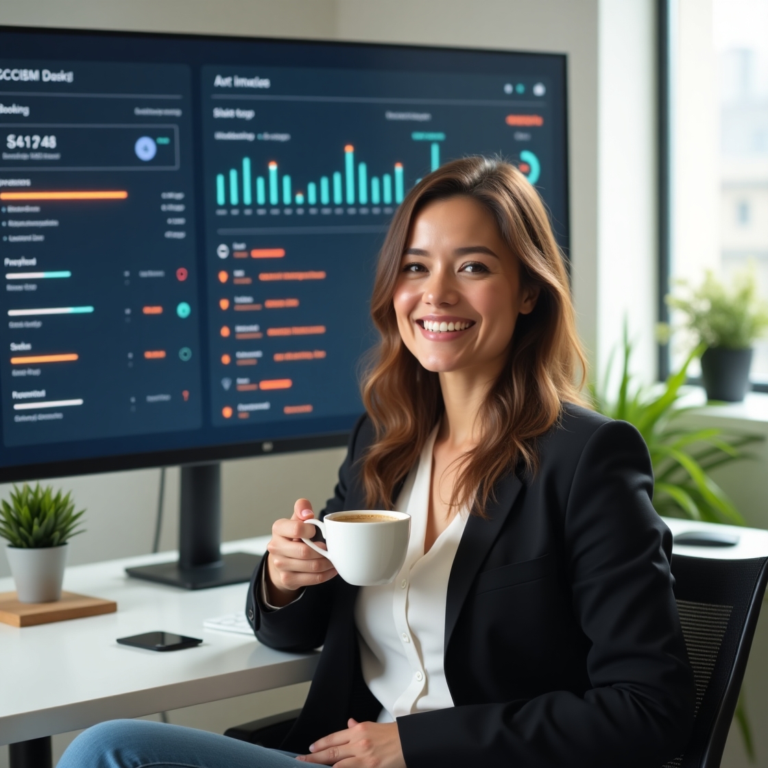 Business owner relaxing as tasks like invoices and bookings run automatically on screen.