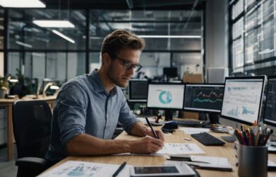 Split-screen image showing a stressed employee doing manual paperwork on one side and a happy employee using modern software on the other side, highlighting the benefits of software over manual work.