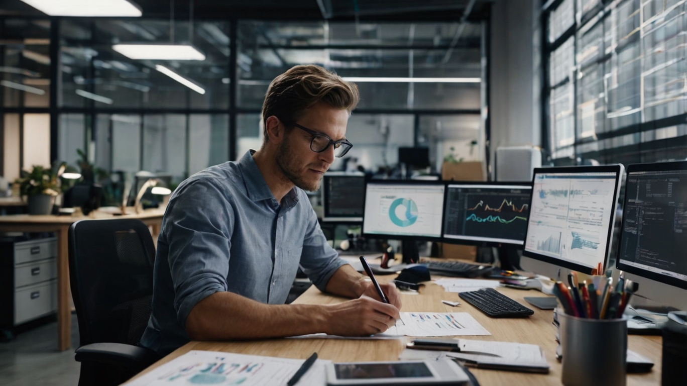 Split-screen image showing a stressed employee doing manual paperwork on one side and a happy employee using modern software on the other side, highlighting the benefits of software over manual work.