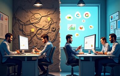 Business team upgrading from outdated legacy systems to modern cloud-based applications with the help of a technology consultant